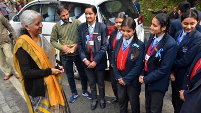 Union finance minister Nirmala Sitharaman interacts with students in Shimla on Thursday. (Deepak Sansta/HT) Union finance minister Nirmala Sitharaman interacts with students in Shimla on Thursday. (Deepak Sansta/HT)