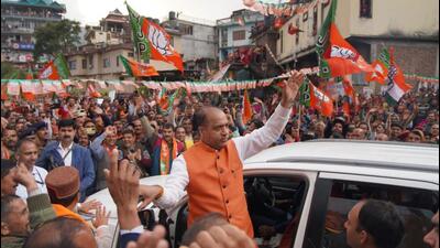 Himachal Pradesh chief minister Jai Ram Thakur during an election rally in Karsog of Mandi district on Thursday. (Birbal Sharma/HT)