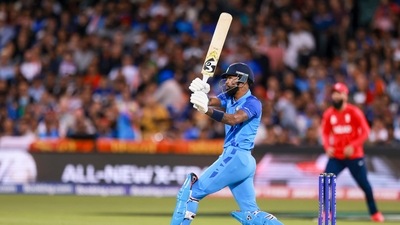 Hardik Pandya then came in and sent the ball flying everywhere to get India to a target of 168. (AP) Hardik Pandya then came in and sent the ball flying everywhere to get India to a target of 168. (AP)