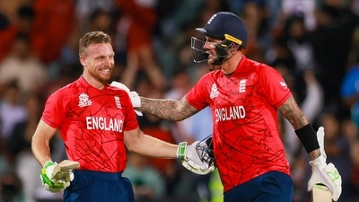 Jos Buttler and Alex Hales chased down a target of 169 to give England an extraordinary 10-wicket win over India in the semi-final. (AP) Jos Buttler and Alex Hales chased down a target of 169 to give England an extraordinary 10-wicket win over India in the semi-final. (AP)