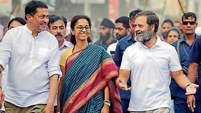Congress leader Rahul Gandhi with NCP MP Supriya Sule during the Bharat Jodo Yatra  in Nanded on Thursday