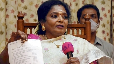 Telangana Governor Tamilisai Soundararajan addresses a press conference, at Raj Bhavan in Hyderabad on Wednesday. (PTI) Telangana Governor Tamilisai Soundararajan addresses a press conference, at Raj Bhavan in Hyderabad on Wednesday. (PTI)