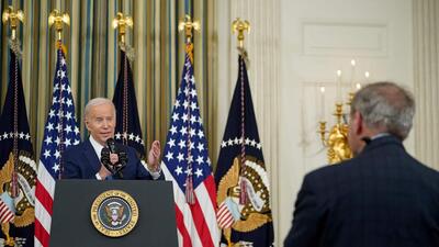 US President Joe Biden responds to a question during a press conference a day after the US midterm elections, from the State Dining Room of the White House in Washington, DC, on Wednesday. (AFP)