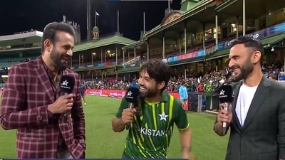 Pakistan's Mohammad Rizwan with Irfan Pathan and Jati Sapru (Hotstar screengrab) Pakistan's Mohammad Rizwan with Irfan Pathan and Jati Sapru (Hotstar screengrab)