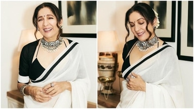 Neena Gupta looks beautiful in monochrome saree and stylish blouse by Masaba Gupta for Uunchai screening. (Instagram) Neena Gupta looks beautiful in monochrome saree and stylish blouse by Masaba Gupta for Uunchai screening. (Instagram)