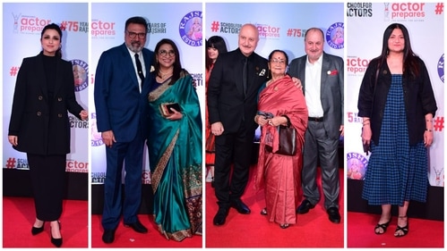 Parineeti Chopra, Boman Irani with wife, Anupam Kher with mom and brother, Sarika at Uunchai screening. (Varinder Chawla) Parineeti Chopra, Boman Irani with wife, Anupam Kher with mom and brother, Sarika at Uunchai screening. (Varinder Chawla)