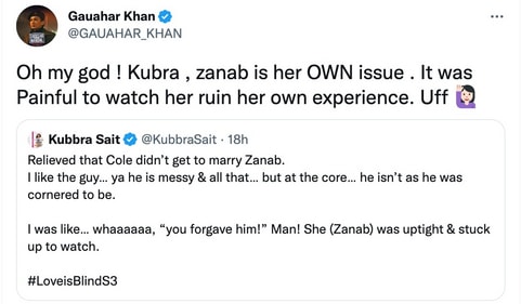 Gauahar Khan and Kubbra Sait react to Love is Blind. Gauahar Khan and Kubbra Sait react to Love is Blind.