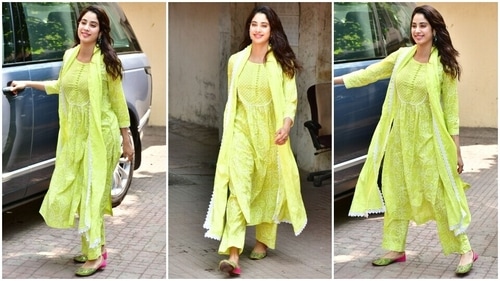 Janhvi Kapoor in a printed cotton suit with embroidered juttis. (HT Photo/Varinder Chawla) Janhvi Kapoor in a printed cotton suit with embroidered juttis. (HT Photo/Varinder Chawla)
