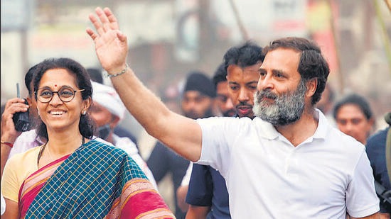 Nanded, Nov 10 (ANI): Congress leader Rahul Gandhi with Nationalist Congress Party (NCP) MP Supriya Sule takes part in Congress' Bharat Jodo Yatra, in Nanded on Thursday. (ANI Photo) (Congress Twitter)