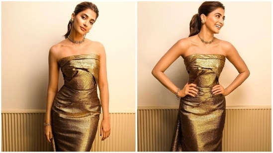 Pooja Hegde has been winning hearts of not just movie goers but also the fashion gods. The actor has a keen eye for fashion and is often spotted giving major style goals in trendy fits. Recently, she was spotted making heads turn in a metallic strapless gown.(Instagram/@tanghavri)