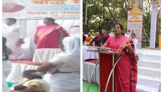 Congress's Hema Deshmukh said she was present at the event but did not take oath. (Screengrab from viral video on left)