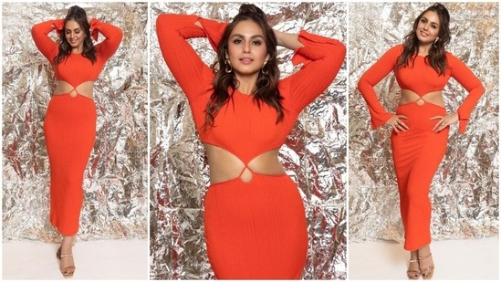 Huma Qureshi in a tangerine bodycon dress for Monica O My Darling promotions. (Instagram)