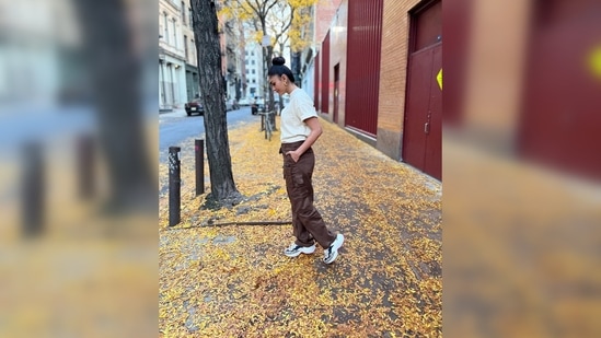 Mrunal Thakur is making the most out of her New York stay as she explores The Big Apple in street wear.(Instagram/@mrunalthakur)