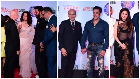 Anupam Kher, Kangana Ranaut, Boman Irani, Abhishek Bachchan, Sooraj Barjatya, Salman Khan, Bhagyashree at Uunchai screening on Wednesday. (Varinder Chawla)