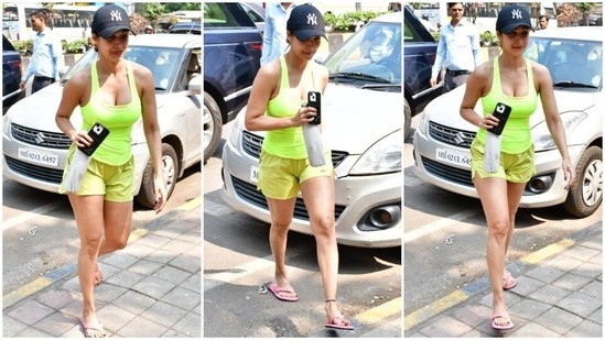 Malaika Arora aces gym look in tank top and shorts. (HT Photo/Varinder Chawla)