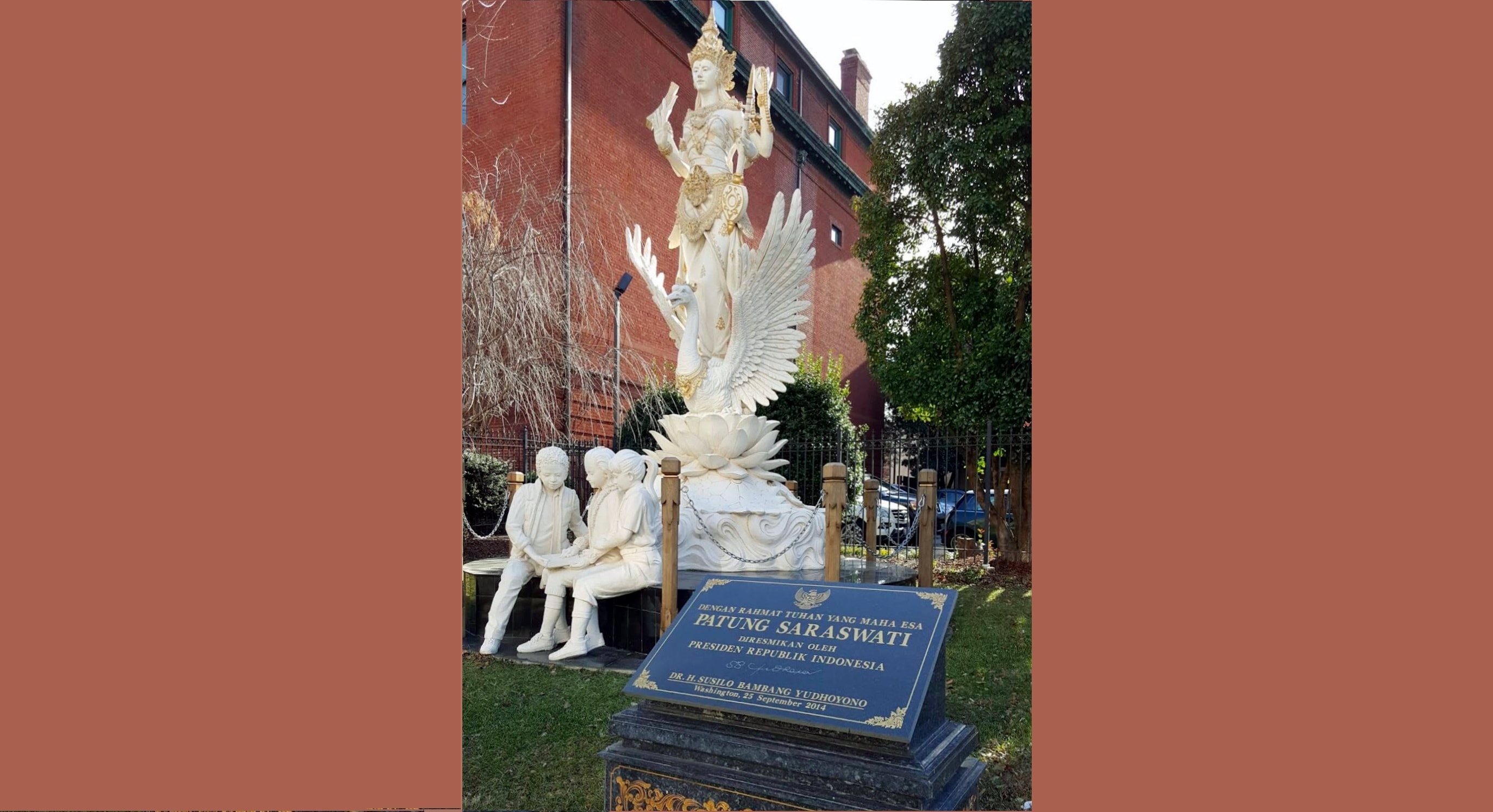 Saraswati’s 16-feet high white and gold sculpture atop a lotus with four arms held up and three children reading at her feet stand out as an unusual centre-piece of Indonesia’s embassy. (ANI)