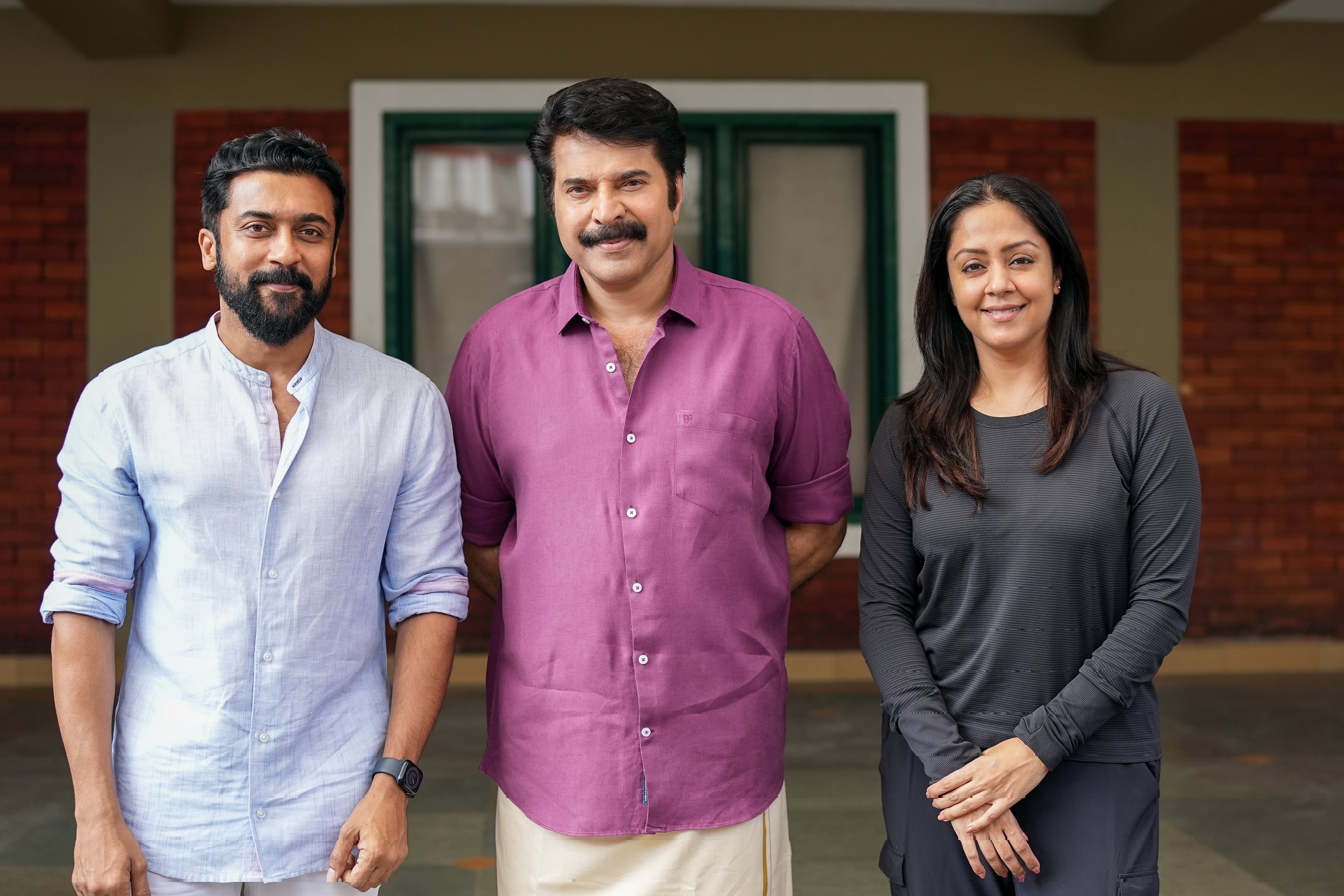 Suriya with Mammootty and Jyothika on the set of Kaathal. Suriya with Mammootty and Jyothika on the set of Kaathal.