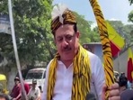 Congress MLA from Chamarajpet, BZ Zameer Ahmed Khan, addressed the media holding a sword. Congress MLA from Chamarajpet, BZ Zameer Ahmed Khan, addressed the media holding a sword.