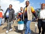 Polling officials carrying EVMs, VVPAT and other polling material leave for the polling stations for the upcoming Himachal Pradesh Assembly elections in Kullu. (ANI Photo) Polling officials carrying EVMs, VVPAT and other polling material leave for the polling stations for the upcoming Himachal Pradesh Assembly elections in Kullu. (ANI Photo)