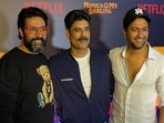 Sikandar Kher led Vicky Kaushal and Abhishek Bachchan by hand to pose with him at Monica, O My Darling screening on Thursday. (Varinder Chawla) Sikandar Kher led Vicky Kaushal and Abhishek Bachchan by hand to pose with him at Monica, O My Darling screening on Thursday. (Varinder Chawla)