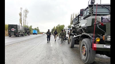 Security personnel patrol the area near the site where the encounter broke out between security forces and terrorists, at Kapren, in Shopian on Friday. A member of the Jaish-e-Mohammed (JeM) terror outfit was killed during the encounter. (ANI) Security personnel patrol the area near the site where the encounter broke out between security forces and terrorists, at Kapren, in Shopian on Friday. A member of the Jaish-e-Mohammed (JeM) terror outfit was killed during the encounter. (ANI)