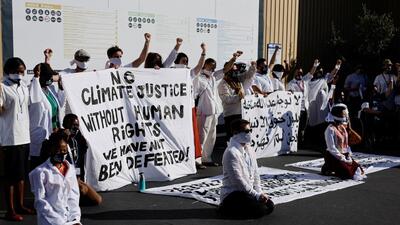 COP Civic Space coalition members attend a protest in solidarity with political prisoners and embattled civil society, at the Sharm El-Sheikh International Convention Centre, during the COP27 climate summit, in Sharm el-Sheikh, Egypt, on Thursday. (REUTERS) COP Civic Space coalition members attend a protest in solidarity with political prisoners and embattled civil society, at the Sharm El-Sheikh International Convention Centre, during the COP27 climate summit, in Sharm el-Sheikh, Egypt, on Thursday. (REUTERS)