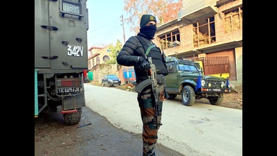 A security personnel keeps vigil in Jammu and Kashmir on Friday. (ANI)