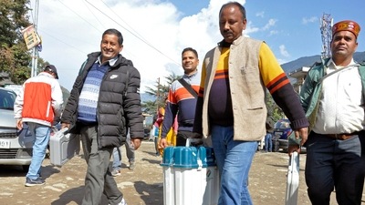 Polling officials carrying EVMs, VVPAT and other polling material leave for the polling stations for the upcoming Himachal Pradesh Assembly elections in Kullu. (ANI Photo) Polling officials carrying EVMs, VVPAT and other polling material leave for the polling stations for the upcoming Himachal Pradesh Assembly elections in Kullu. (ANI Photo)
