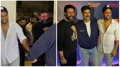Sikandar Kher led Vicky Kaushal and Abhishek Bachchan by hand to pose with him at Monica, O My Darling screening on Thursday. (Varinder Chawla) Sikandar Kher led Vicky Kaushal and Abhishek Bachchan by hand to pose with him at Monica, O My Darling screening on Thursday. (Varinder Chawla)