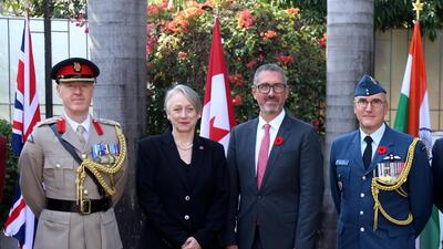 UK defence adviser Brigadier Nick Sawyer, British Deputy High Commissioner Caroline Rowett, Consul General of Canada Patrick Hébert and Canada’s defence attaché Colonel Todd Braithwaite during the joint Remembrance Day ceremony on Friday. (Sanjeev Sharma/ HT) UK defence adviser Brigadier Nick Sawyer, British Deputy High Commissioner Caroline Rowett, Consul General of Canada Patrick Hébert and Canada’s defence attaché Colonel Todd Braithwaite during the joint Remembrance Day ceremony on Friday. (Sanjeev Sharma/ HT)