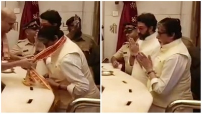 Abhishek Bachchan and Amitabh Bachchan at Siddhivinayak temple on Friday. Abhishek Bachchan and Amitabh Bachchan at Siddhivinayak temple on Friday.