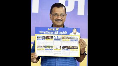 AAP National Convenor and Chief Minister of Delhi Arvind Kejriwal released their party's manifesto for the upcoming Municipal Corporation of Delhi (MCD) elections, in New Delhi, India, on Friday, November 11, 2022. (Sanjeev Verma/HT Photos) AAP National Convenor and Chief Minister of Delhi Arvind Kejriwal released their party's manifesto for the upcoming Municipal Corporation of Delhi (MCD) elections, in New Delhi, India, on Friday, November 11, 2022. (Sanjeev Verma/HT Photos)