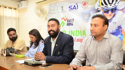 Cycling Federation of India officials discussing about the upcoming Khelo India Cycling League with media persons in Ludhiana. (HT PHOTO)