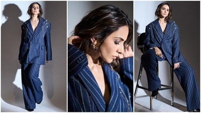 Rakul Preet Singh channels inner hot boss lady in a shirtless pantsuit. (Instagram) Rakul Preet Singh channels inner hot boss lady in a shirtless pantsuit. (Instagram)