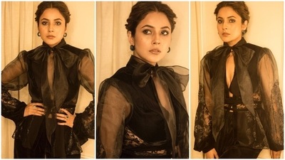 Shehnaaz Gill steals the show at Monica O My Darling screening in all-black lace look. (Instagram) Shehnaaz Gill steals the show at Monica O My Darling screening in all-black lace look. (Instagram)