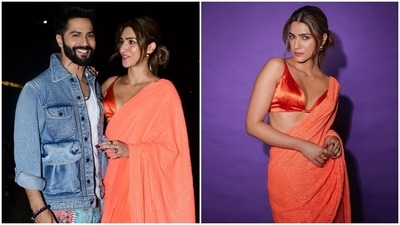 Kriti Sanon promotes Bhediya with Varun Dhawan in a sequin saree and bralette blouse. (HT Photo/Varinder Chawla) Kriti Sanon promotes Bhediya with Varun Dhawan in a sequin saree and bralette blouse. (HT Photo/Varinder Chawla)