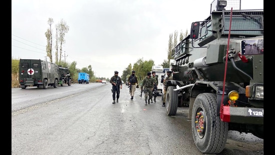 Security personnel patrol the area near the site where the encounter broke out between security forces and terrorists, at Kapren, in Shopian on Friday. A member of the Jaish-e-Mohammed (JeM) terror outfit was killed during the encounter. (ANI)