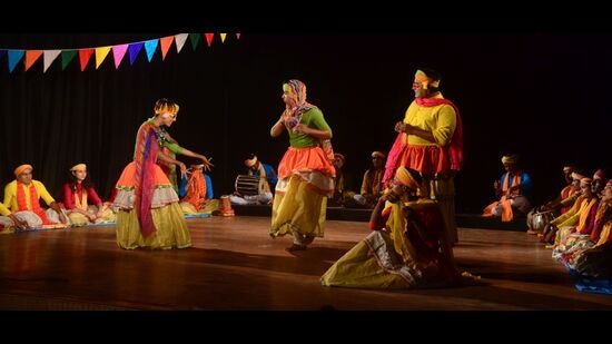 The play being staged at Jagat Taran Golden Jubilee School on Friday. (HT Photo)