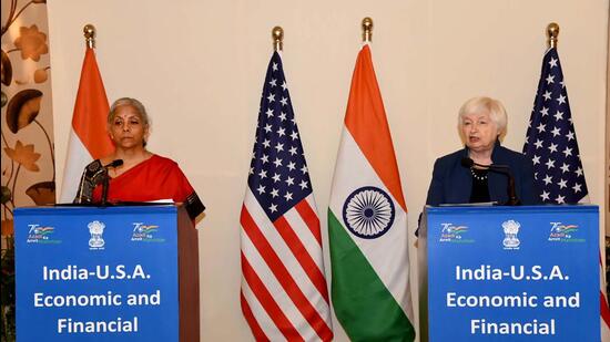 Union finance minister Nirmala Sitharaman and US Treasury Secretary Dr Janet Yellen in New Delhi on Friday. (PTI) Union finance minister Nirmala Sitharaman and US Treasury Secretary Dr Janet Yellen in New Delhi on Friday. (PTI)