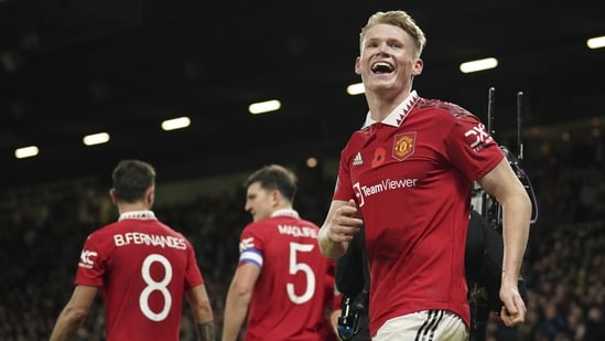 Manchester United's Scott McTominay celebrates after scoring his side's fourth goal during the English League Cup third round soccer match between Manchester United and Aston Villa in Manchester(AP)