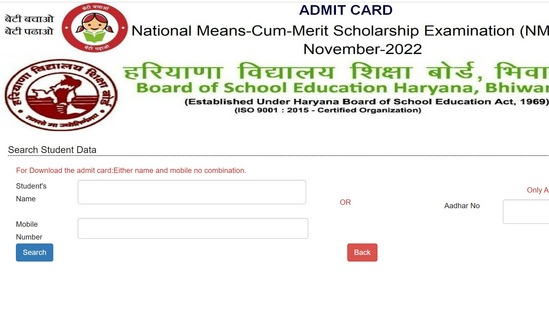 NMMS 2022 Admit Card released on bseh.org.in