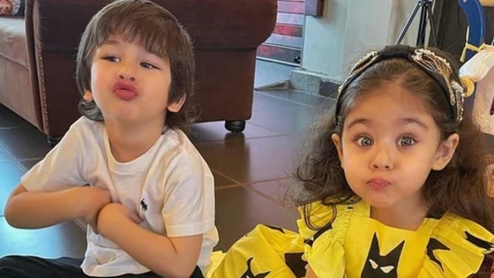 Taimur Ali Khan with Inaaya Naumi Kemmu during a family get-together. Taimur Ali Khan with Inaaya Naumi Kemmu during a family get-together.