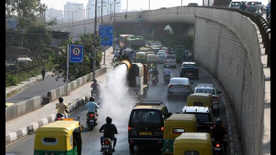 An anti-smog gun being used to curb air pollution and dust near the under-construction RRTS Station at Anand Vihar on the Delhi-Ghaziabad-Meerut RRTS corridor, in New Delhi on Friday. (ANI)