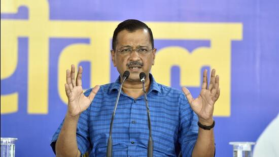 AAP National Convenor and Chief Minister of Delhi Arvind Kejriwal during the release of their party's manifesto for the upcoming Municipal Corporation of Delhi (MCD) elections, in New Delhi, India, on Friday. (Sanjeev Verma/ HT Photo)