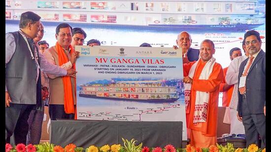 Chief minister Yogi Adityanath with Union minister for ports, shipping, waterways and Ayush Sarbananda Sonowal and others during an event for the inauguration of seven community jetties and laying the foundation stone of eight more jetties, in Varanasi, on Friday. (PTI Photo) Chief minister Yogi Adityanath with Union minister for ports, shipping, waterways and Ayush Sarbananda Sonowal and others during an event for the inauguration of seven community jetties and laying the foundation stone of eight more jetties, in Varanasi, on Friday. (PTI Photo)