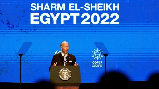 U.S. President Joe Biden delivers a speech at COP27 climate summit, in Sharm el-Sheikh, Egypt, Friday.(REUTERS)