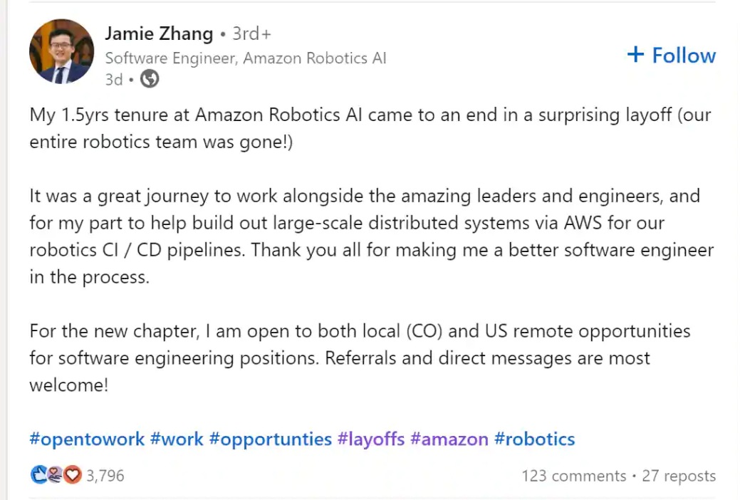 Jamie Zhang's LinkedIn post