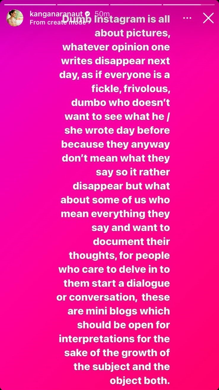 Kangana Ranaut criticized Instagram in her latest statement which she shared on Instagram stories.