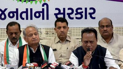 Rajasthan chief minister and Congress’s in-charge for Gujarat elections, Ashok Gehlot , along with senior party leaders at the release of the party’s manifesto for the Gujarat Assembly elections, in Ahmedabad on Saturday (ANI) Rajasthan chief minister and Congress’s in-charge for Gujarat elections, Ashok Gehlot , along with senior party leaders at the release of the party’s manifesto for the Gujarat Assembly elections, in Ahmedabad on Saturday (ANI)
