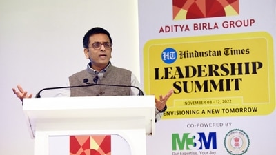 In the third session, Chief Justice of India DY Chandrachud started his speech by listing the challenges to the judiciary. "The first challenge we face is the challenge of expectation. Almost every case comes into the lap, every social issue, every legal issue, and I dare say, a large number of political issues fall within the adjudicatory jurisdiction of the Supreme Court," he said. He further emphasised on creating access for women in legal profession now. (HT Photo/Keshav Singh)